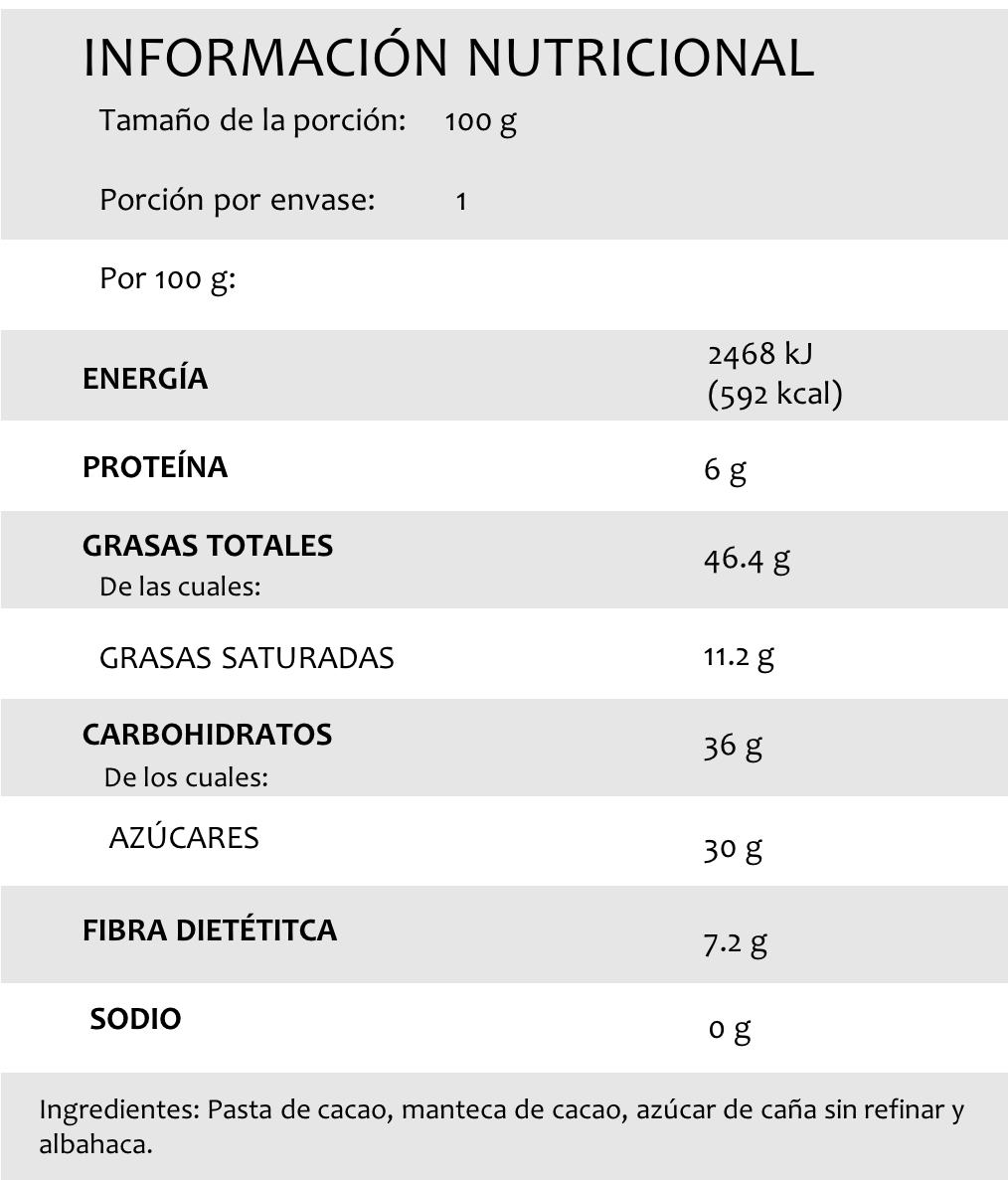 Barra de 85g Chocolate 70% con albahaca