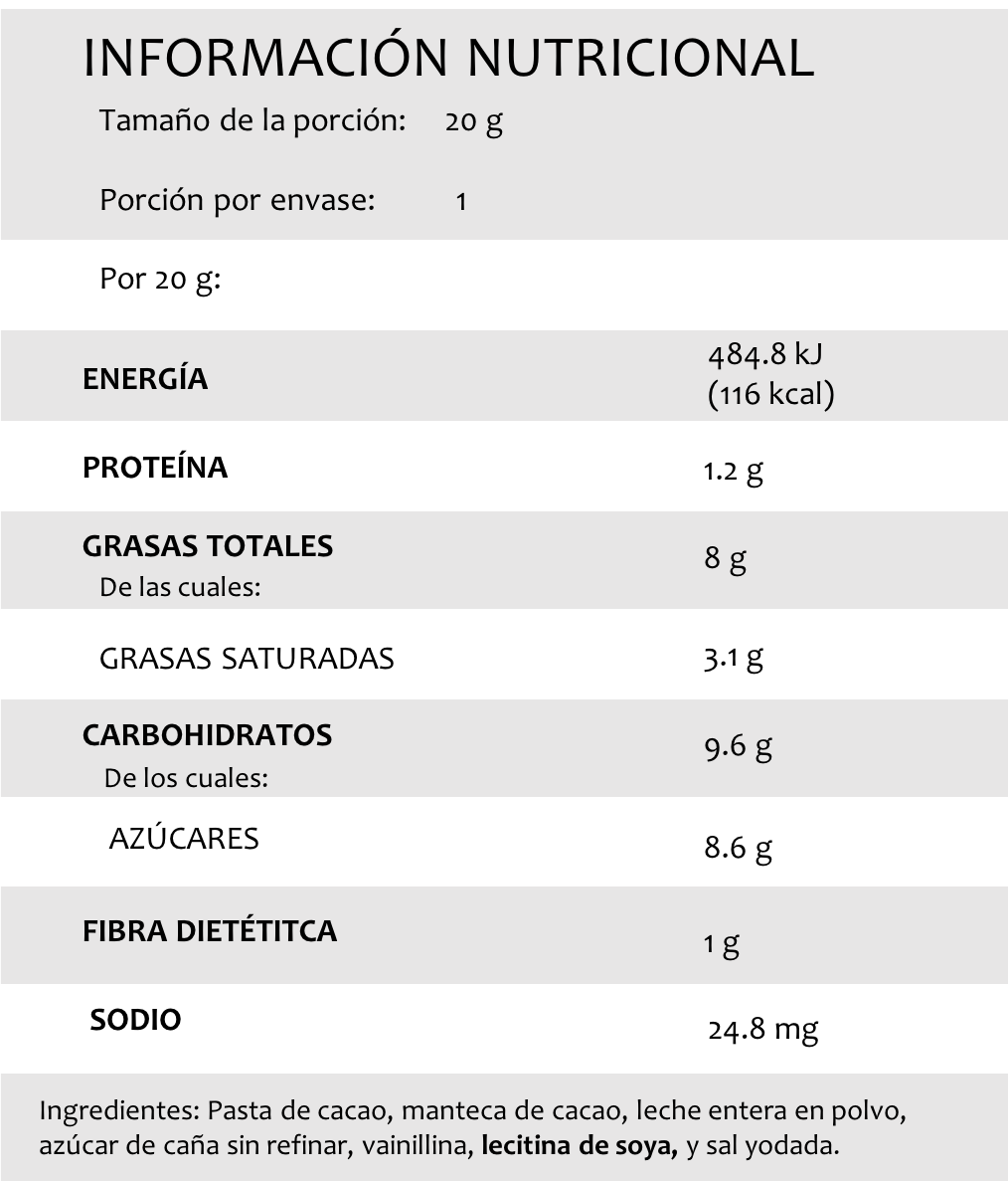 Barritas de 20g de Chocolate Obscuro con Leche, 20 pzas.