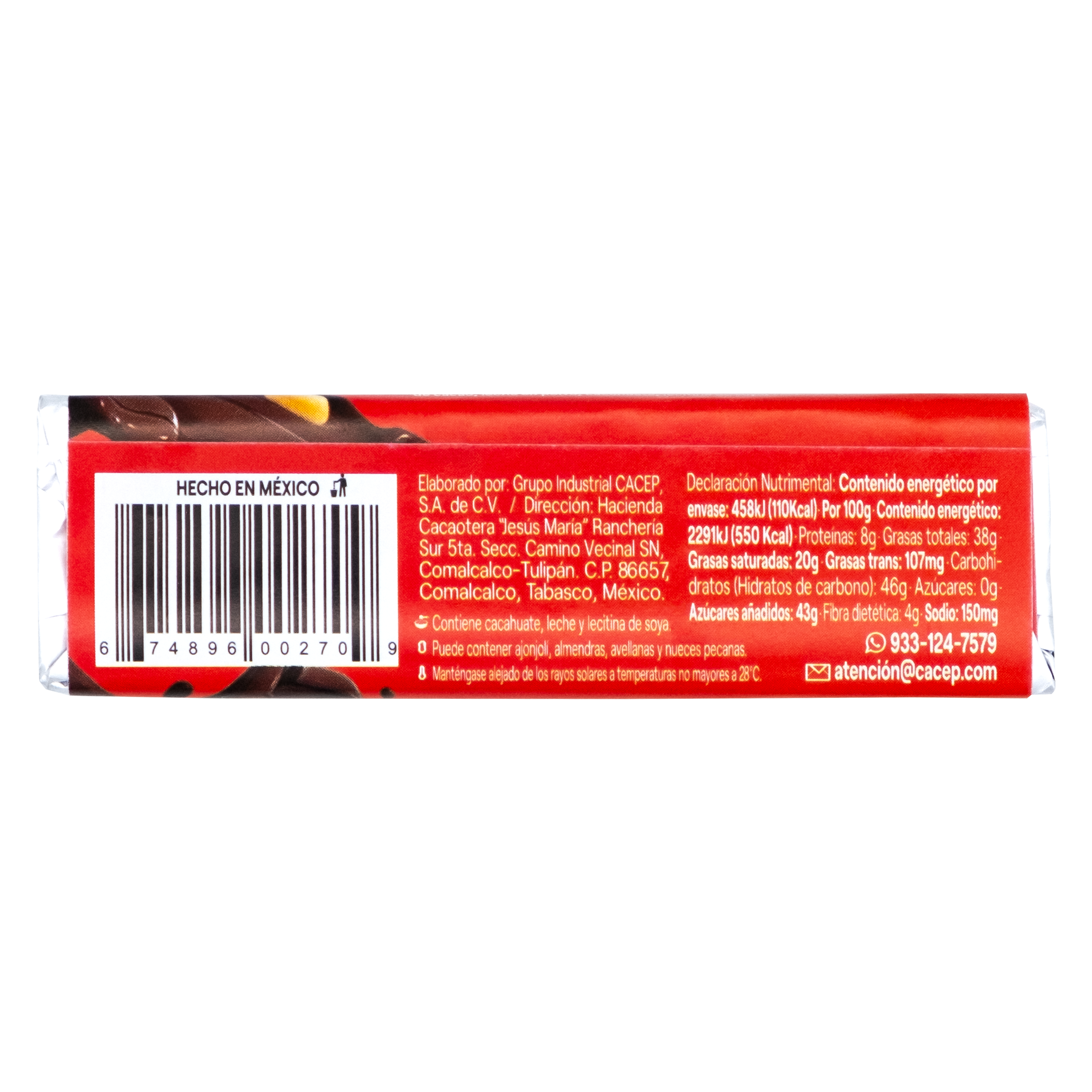 Barritas de 20g de chocolate con cacahuate, Paquete de 20pz