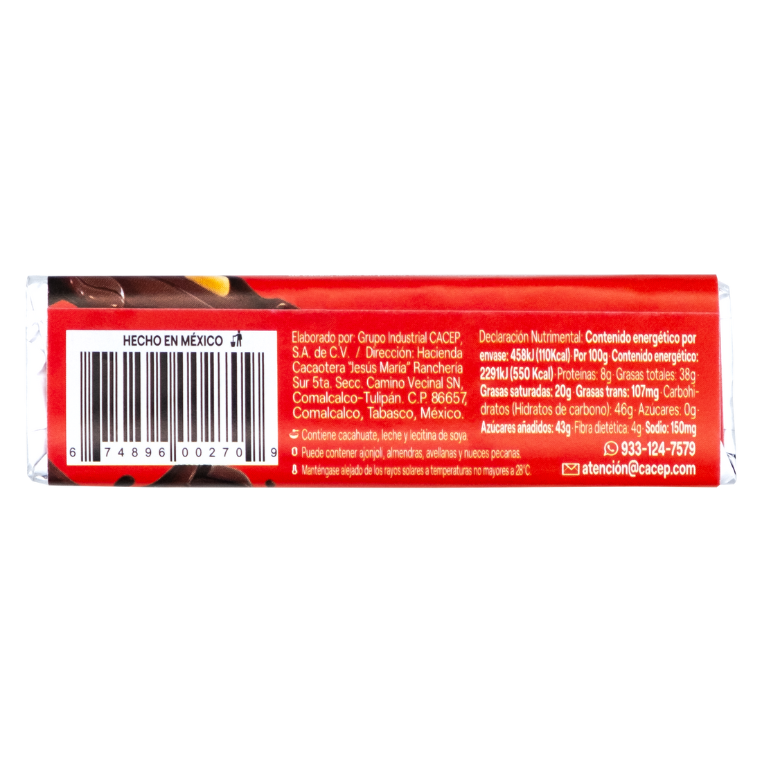 Barritas de 20g de chocolate con cacahuate, Paquete de 20pz