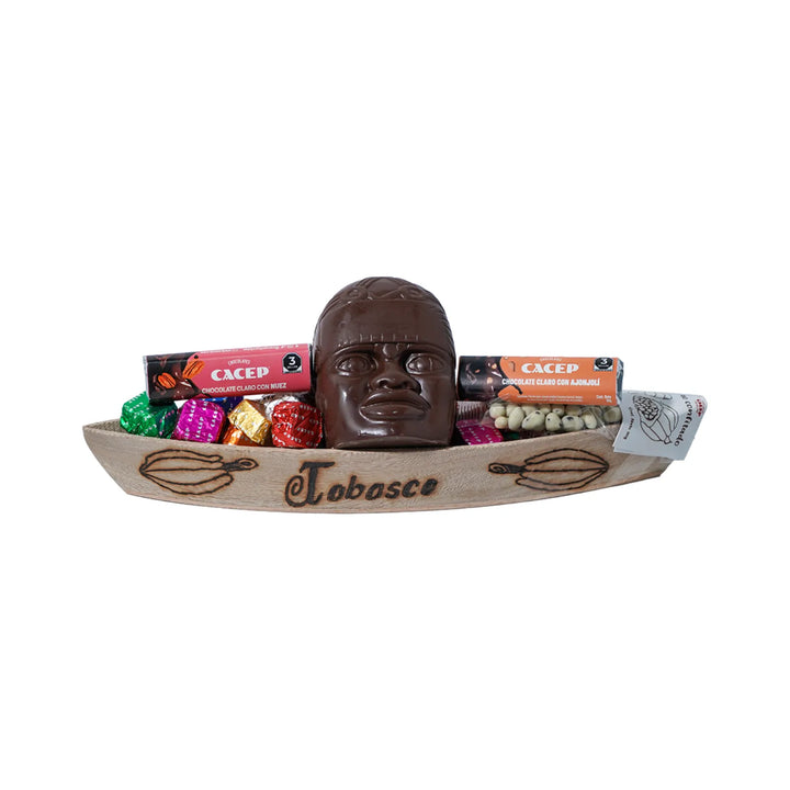 Cayuco de madera pirograbado, MEDIANO(con cabeza olmeca)