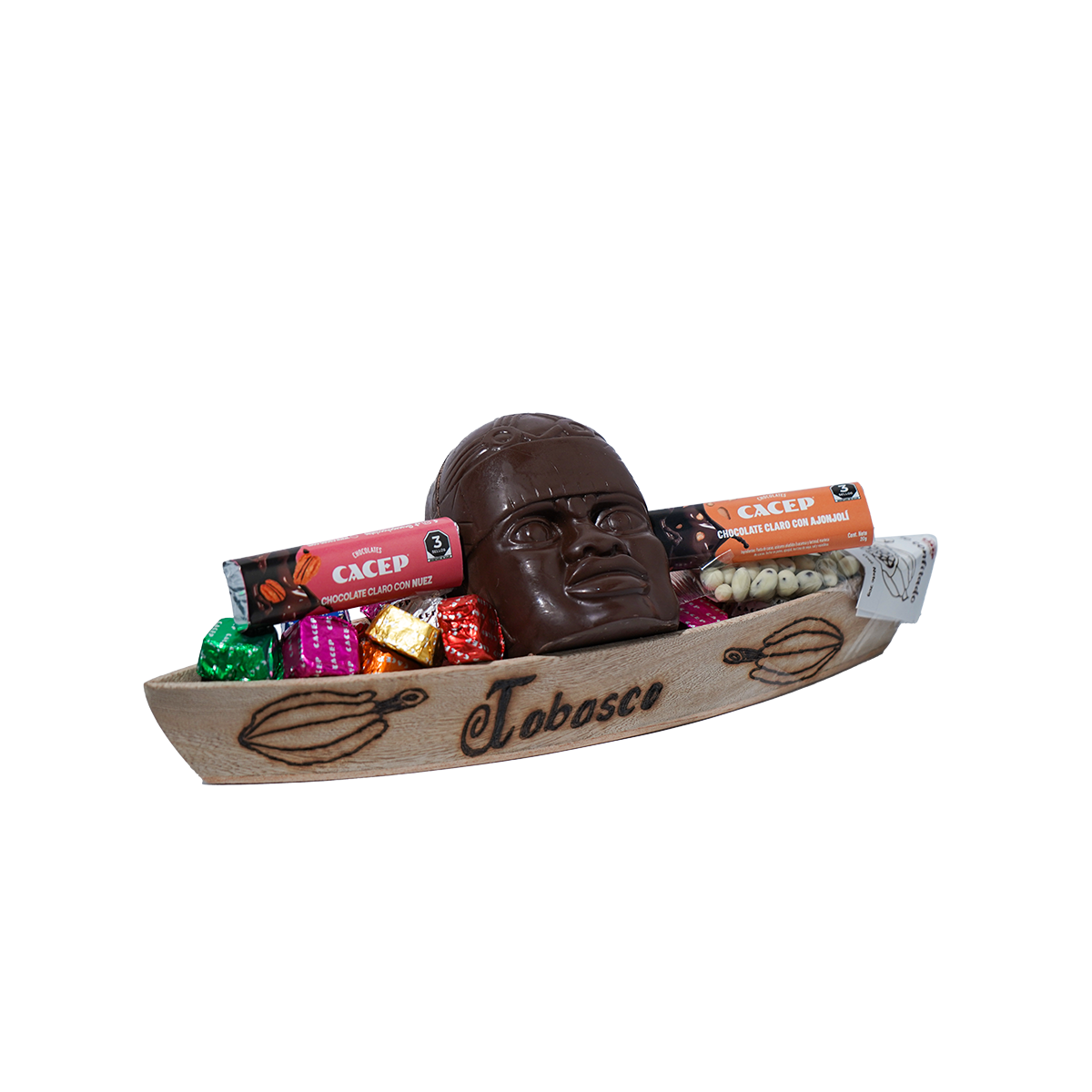 Cayuco de madera pirograbado, MEDIANO(con cabeza olmeca)