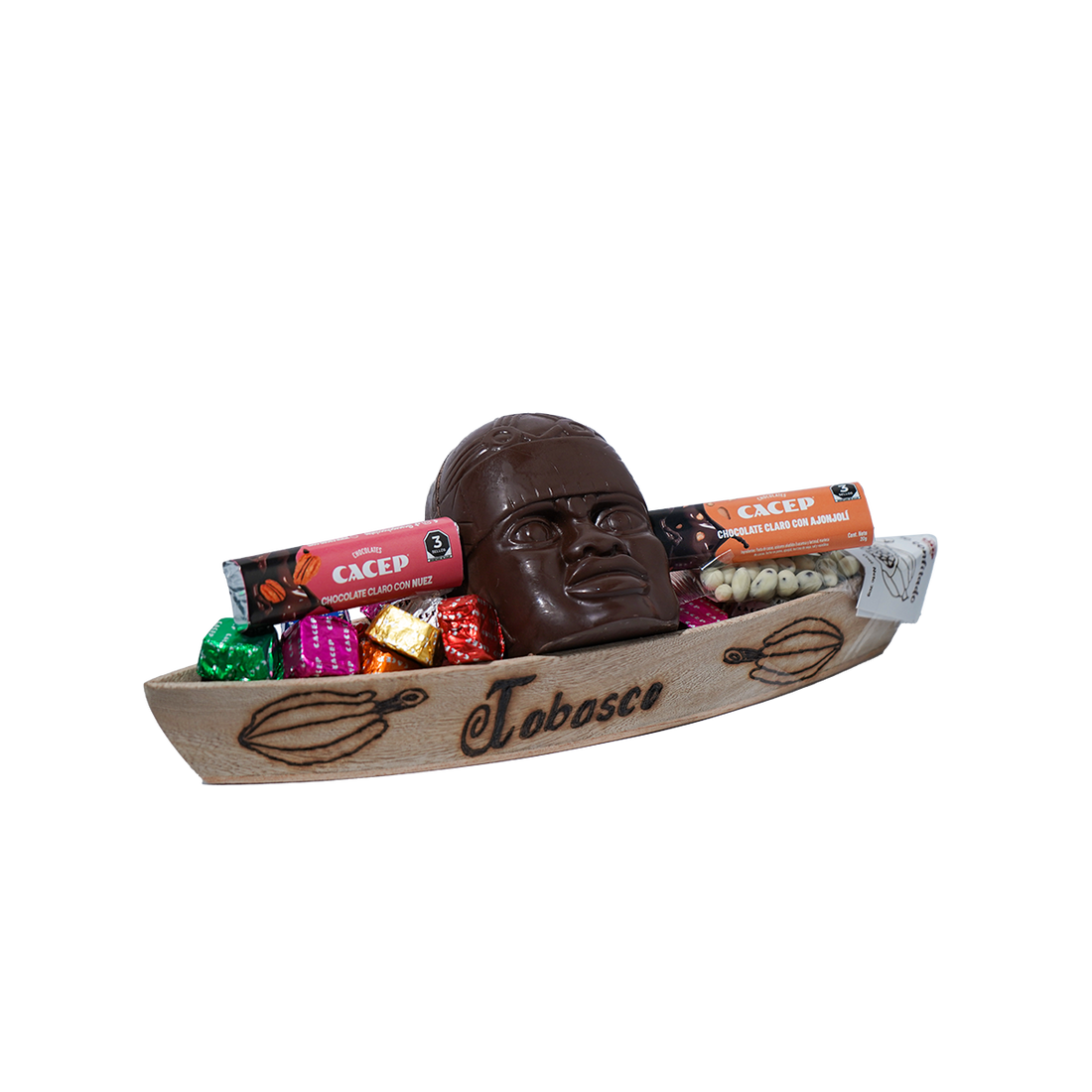 Cayuco de madera pirograbado, MEDIANO(con cabeza olmeca)