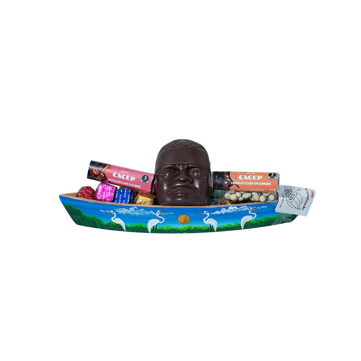 Cayuco de madera pintado, MEDIANO (con cabeza olmeca)