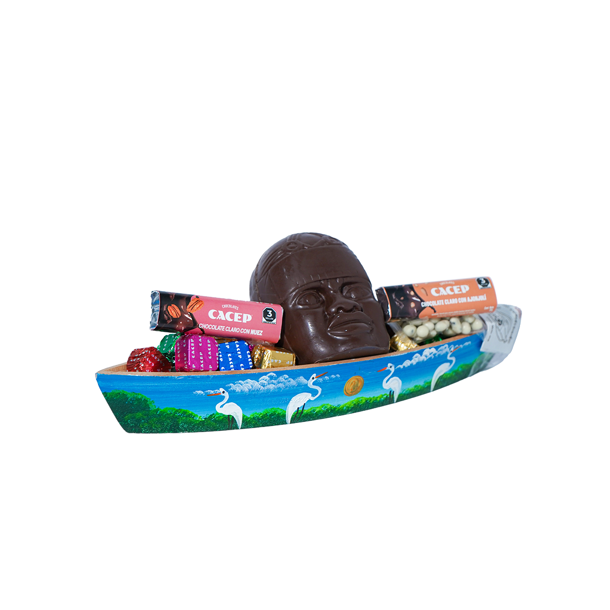 Cayuco de madera pintado, MEDIANO (con cabeza olmeca)