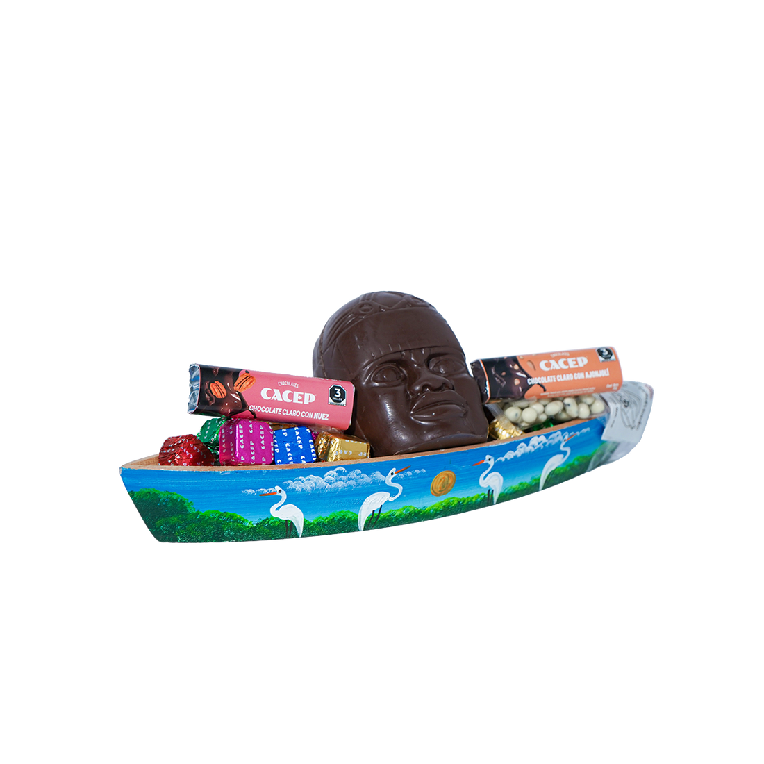 Cayuco de madera pintado, MEDIANO (con cabeza olmeca)