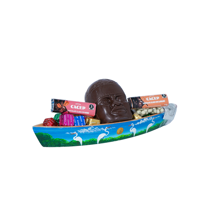 Cayuco de madera pintado, MEDIANO (con cabeza olmeca)