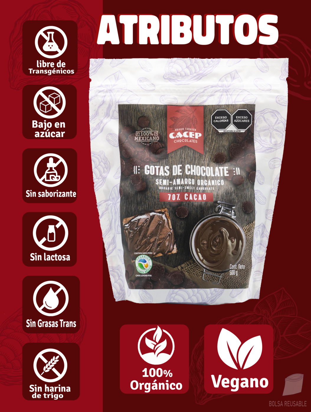 Gotas de Chocolate 70% Cacao, 500 g