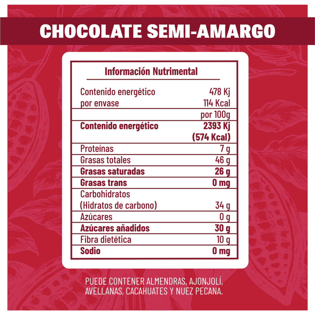 Barritas de 20g chocolate semi amargo 70% cacao, 20pz