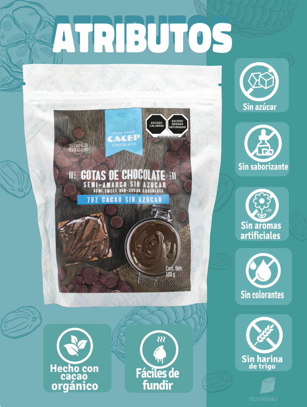 Gotas de Chocolate 70% Cacao SIN AZÚCAR  500 g